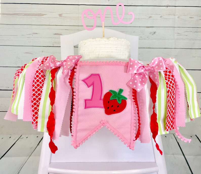 Can Do Custom Themes 1st Birthday Cake Smash High Chair Banner Pink Red Strawberry Picnic Birthday High Chair Fabric Banner
