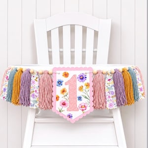 Boho Wildflower Birthday High Chair Yarn Tassel Banner, High Chair Banner, Cake Smash Backdrop Banner, First Birthday