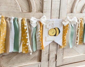 Boho Honey Bee Birthday High Chair Tutu, Honey Bee Fabric Banner, Cake Topper, High Chair Banner, 1st Birthday Cake Smash