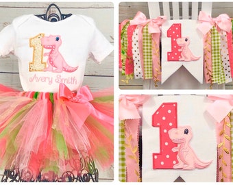 Girl Dinosaur 1st Birthday Tutu Outfit, Cake Smash Outfit, Wall Banner, Birthday Package, High Chair Tutu, HighChair Banner