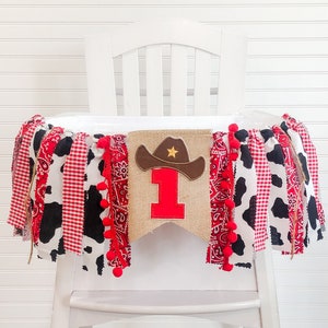 Cowboy 1st Birthday High Chair Banner, Party Fabric Banner, Cake Smash Banner, Red Cow Print, Rodeo Banner, Backdrop Garland