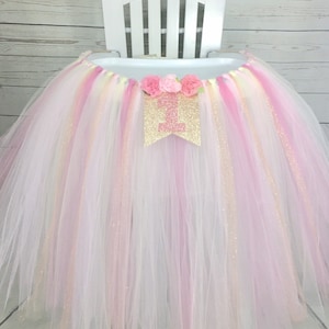 Rose Gold and Pink Floral 1st Birthday High Chair Tulle Tutu, Princess Party, High Chair Banner, Cake Smash, High Chair ONE Banner