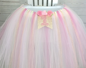 Rose Gold and Pink Floral 1st Birthday High Chair Tulle Tutu, Princess Party, High Chair Banner, Cake Smash, High Chair ONE Banner