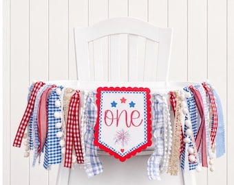 Our Little Firecracker Patriotic Red White Blue, High Chair Yarn Tassel Banner, High Chair Banner, Cake Smash Banner, First Birthday,