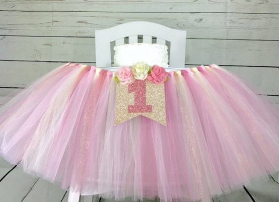 Rose Gold and Pink Floral 1st Birthday High Chair Tulle Tutu Princess Party High Chair Banner Cake Smash High Chair ONE Banner