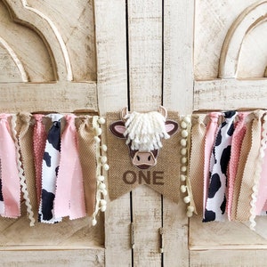 Highland Cow Girl 1st Birthday High Chair Banner, Party Fabric Banner, Cake Smash Banner, Rodeo Banner, Backdrop Garland