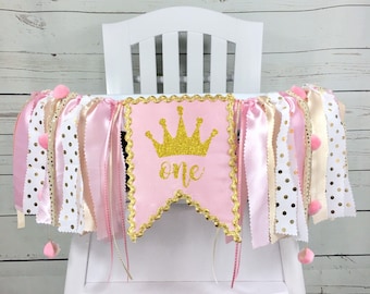 1st Birthday Crown Pink and Gold High Chair Banner, Fabric Banner, Wall Banner, High Chair Tutu, Pink and Gold Birthday, Princess Banner