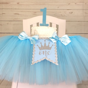 Princess 1st Birthday High Chair Tulle Tutu, 1st Birthday High Chair Banner, Light Blue and Silver High Chair Tutu, Silver Glitter