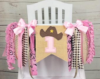 Cowgirl 1st Birthday High Chair Banner, Party Fabric Banner, Cake Smash Banner, Rodeo Banner, Backdrop Garland, Monthly Banner, Centerpiece