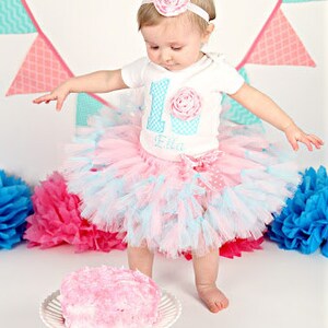 3D Cupcake 1st Birthday Tutu Outfit, Cake Smash Outfit, Pink and Aqua image 3