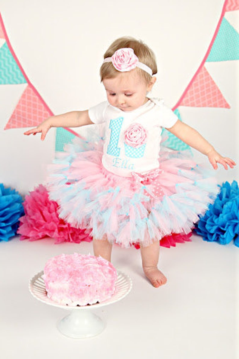 3D Cupcake 1st Birthday Tutu Outfit, Cake Smash Outfit, Pink and Aqua image 3