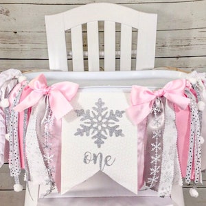 Winter ONEderland Fabric High Chair Tutu, Snowflake Banner, Pink ONEderland High Chair Banner, Garland, Ice Princess Party, Pink Silver