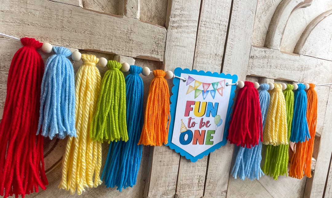 Fun to Be One Bright Colorful Birthday High Chair Yarn Tassel Felt Ball ...