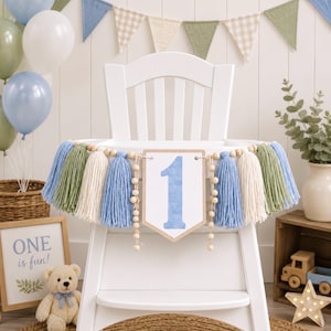 Blue Sage Ivory 1st Birthday Boy High Chair Yarn Tassel Banner, High Chair Banner, Cake Smash Backdrop Banner, First Birthday