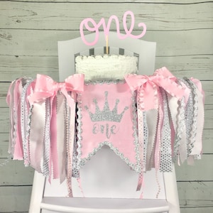 Banner de princesa para primer cumpleaños, rosa y plateado, para silla alta, para pared, con tutú para silla alta, rosa y plateado, para cumpleaños, con corona de princesa.