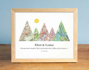 Personalized Wedding Art, Adventure Together®  Romantic Anniversary Gift, Custom Map Mountain, Gift for Couples - 5 mountains