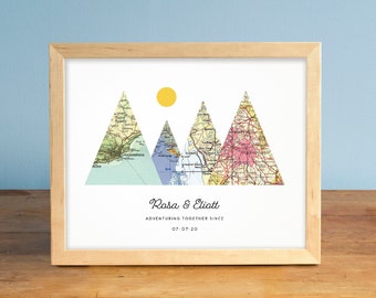 Adventure Together® Map Mountain Art Print - Personalisiertes Hochzeits- oder Jahrestagsgeschenk für Paare / Sie / Ihn / Reiseliebhaber