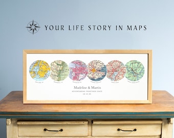 Life Story Map Art, Personalized Christmas Gift, Gift for Couple, Gift for Parents, Anniversary Gift, Gift for Grandparents, 6 Circles, Wife