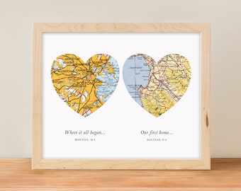 Two Hearts Map Print, Wedding or Engagement Gift, Two Map Hearts, Custom Wedding Gift, Engagement Print, Anniversary Gift, Map Art, Heart