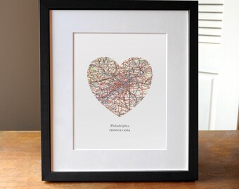 Philadelphia Heart Map Print, Pennsylvania Map Print, Phildelphia Art, Custom City Print