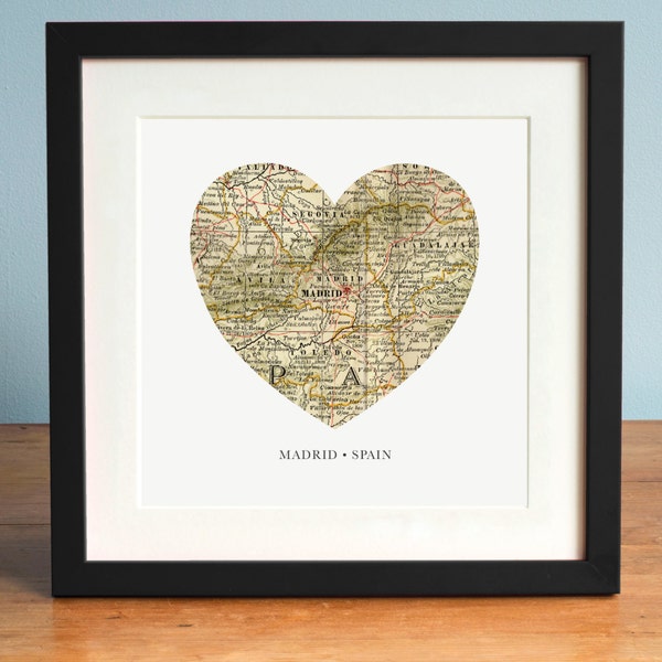 Madrid Heart Map, Madrid Map, Map of Madrid Spain, Vintage Map, Antique Map Art, Personalized Map Art, Valentines Day