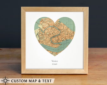 Venice Heart Print, Italy Map Print, Heart Map Print, Choose any hometown, Custom Valentines Gift, Valentines Day Print