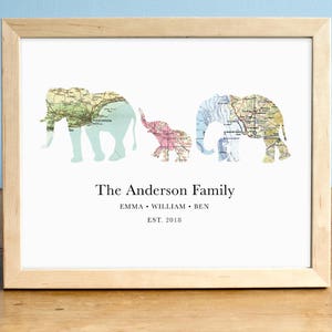 Olifant kaart afdrukken, kunst kinderkamer, babyshower cadeau, huwelijkscadeau, bewegend cadeau, familiekaart kunst, familie kunst, olifant familie