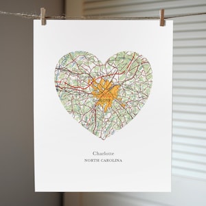 Charlotte North Carolina Heart Print, Carolina Gift Print, Heart Map Print