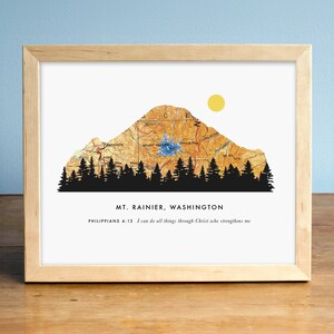 Mount Ranier Karte Kunstdruck, US Bundesstaat Washington, Bibel Vers Stärke