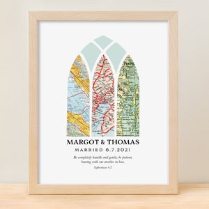 Impression d'art personnalisée en vitrail de 3 cartes avec noms personnalisés et versets de la Bible - Cadeau chrétien de mariage ou d'anniversaire