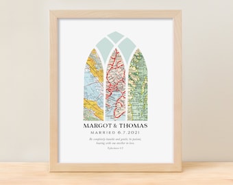 Stained Glass 3 Map Personalized Art Print with Custom Names and Bible Verse - Christian Wedding or Anniversary Gift