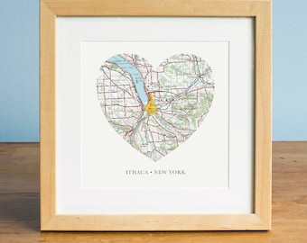 Ithaca New York Heart Map Print, New York Art, Ithaca Map Print, Custom City Art Print, Gift for Couple, Map Art