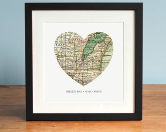 Map of Green Bay WI, Green Bay Heart Map, WI Map Art, Vintage Map, Antique Map Art, Personalized Map Art, Valentines Day