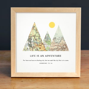 Mapa personalizado con versículo bíblico, regalo de boda para pareja, impresión de mapa de montaña, Hebreos 13:14, regalo cristiano, regalo de aniversario, cita de viaje