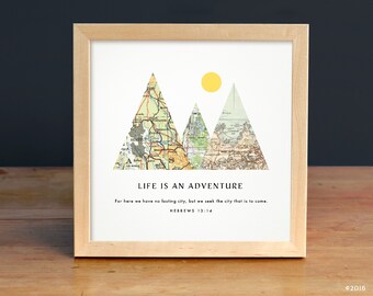 Personalisierte Bibel Vers Karte Kunst, Hochzeitsgeschenk für Paar, Karte Bergdruck, Hebräer 13:14, Christliches Geschenk, Jubiläumsgeschenk, Reisezitat
