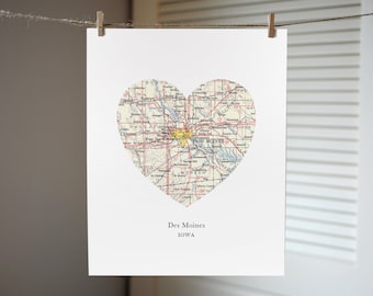 Des Moines Iowa Map Heart Print, Des Moines Map Print, Heart Map Print, Hometown Art, Custom Map Art, Iowa Map Art