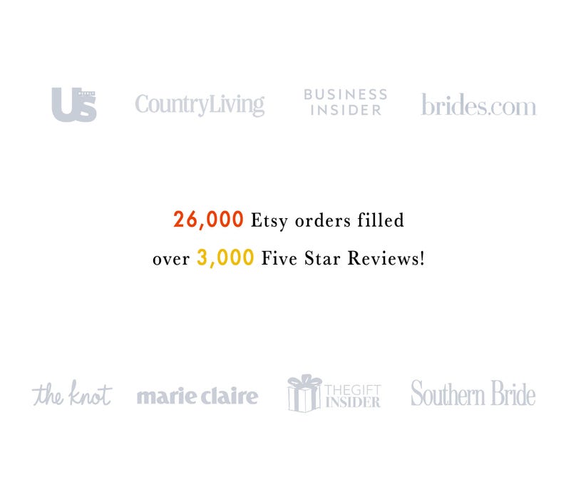 Może przedstawiać: Biała grafika z tekstem 26,000 Etsy orders filled oraz over 3,000 Five Star Reviews! Obraz zawiera logotypy Us Weekly, CountryLiving, Business Insider, brides.com, the knot, marie claire, The Gift Insider oraz Southern Bride.