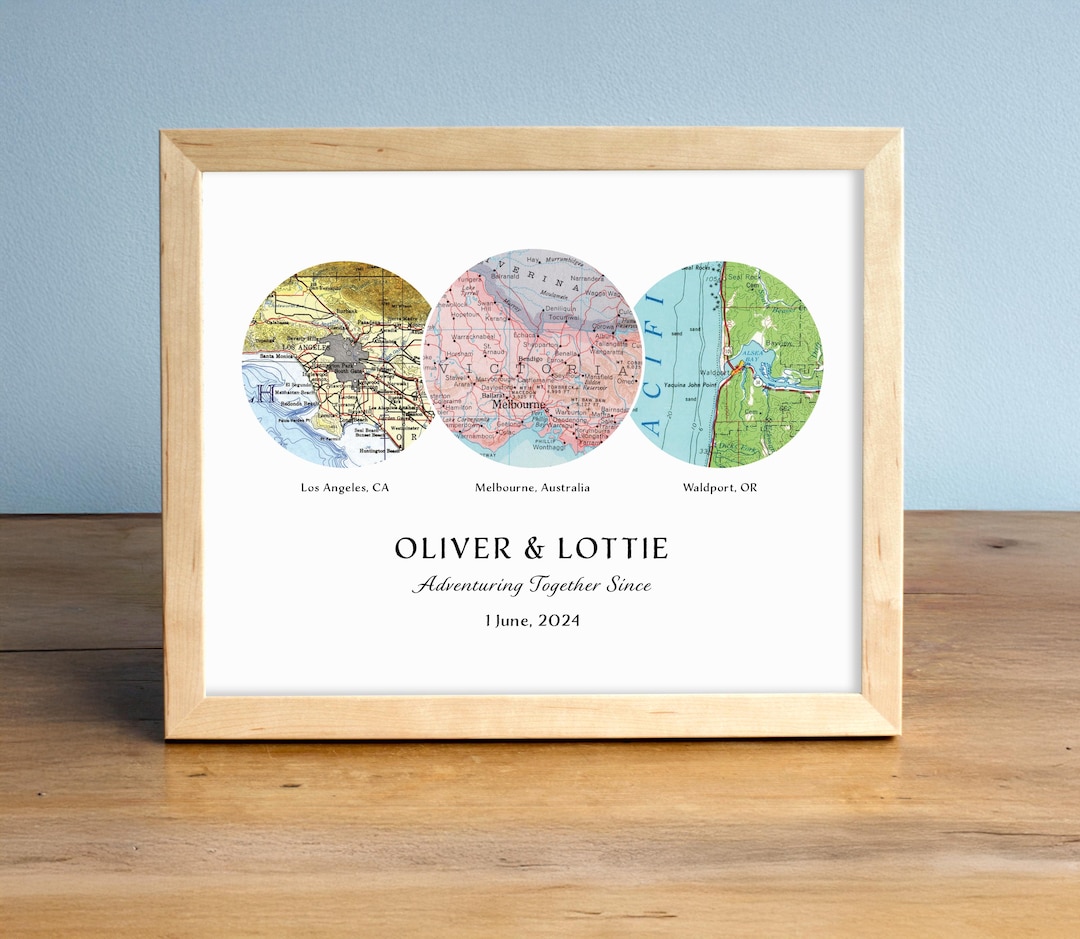Vintage Map Art With Personalized Text and Any Locations Featured: 3 ...