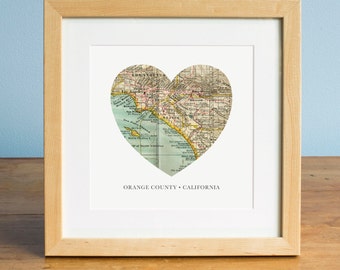 Map of Orange County CA, California Heart Map, Orange CA Map, Heart Map, Vintage Map, Antique Map Art, Personalized Map Art, Valentines Day