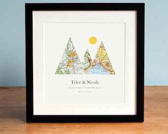 Unframed Adventure Together® Gift for Couple, Wedding Gift, Map Mountain Print, Personalized Map Art, 3 Maps, Anniversary Gift