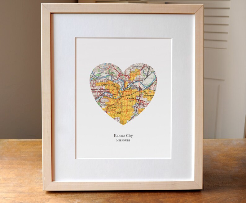 Kansas City Heart Map Print, Kansas City Map Art, MO KS Map Gift, Heart Map Print, Gift for Friend, Anniversary gift image 1