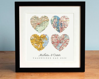 Valentines Day Four Heart Vintage Map Personalized Art Print with Custom Script Names Romantic Gift