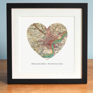 Map of Philadelphia, Philadelphia Heart Map, Pennsylvania Map, Vintage Map, Antique Map Art, Personalized Map Art, Valentines Day image 1