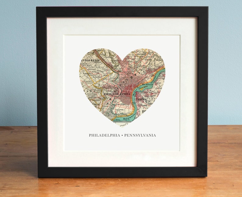 Map of Philadelphia, Philadelphia Heart Map, Pennsylvania Map, Vintage Map, Antique Map Art, Personalized Map Art, Valentines Day image 1