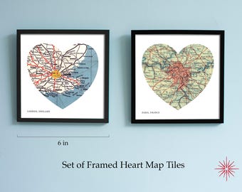 Personalized Heart Map Photo Tile Set, 6-Inch Framed Couple Gift, Wedding Anniversary or Christmas Gift