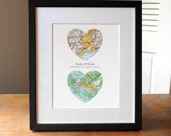 Two Hearts Wedding Map Art Print Gift, Two Map Hearts, Custom Wedding Gift, Engagement Print, Anniversary Gift, Map Art, Heart