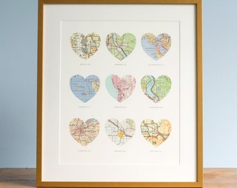 9 Heart Map Print, Wedding Gift Art, Custom Heart Map, Anniversary Gift, 9 maps, Wedding Map Art, Engagement Gift Art