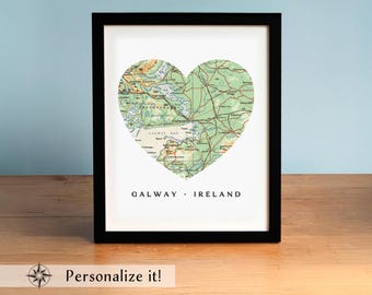Galway Irland Herz Karte Kunstdruck - Personalisierter Stadtplan