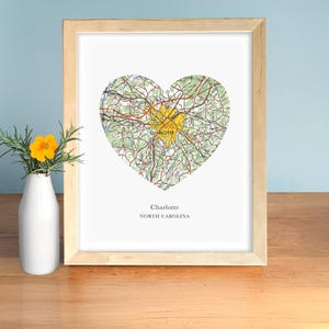 Charlotte North Carolina hartkaart print, North Carolina kaart kunst, NC kaart cadeau, hart kaart print, cadeau voor vriend, verjaardagscadeau voor vrouw