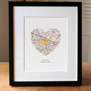 Lancaster PA Heart Map Print, Lancaster Pennsylvania Map Art, PA Map Gift, Heart Map Print, Gift for Friend, Anniversary gift image 1